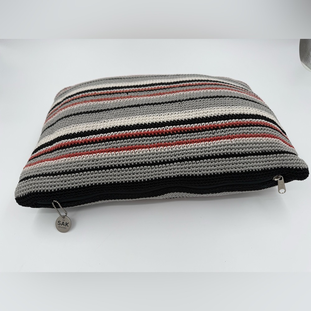 The SAK Home Square Crochet Knit Pillow Black Beige Red Gray 12”x 17" EUC